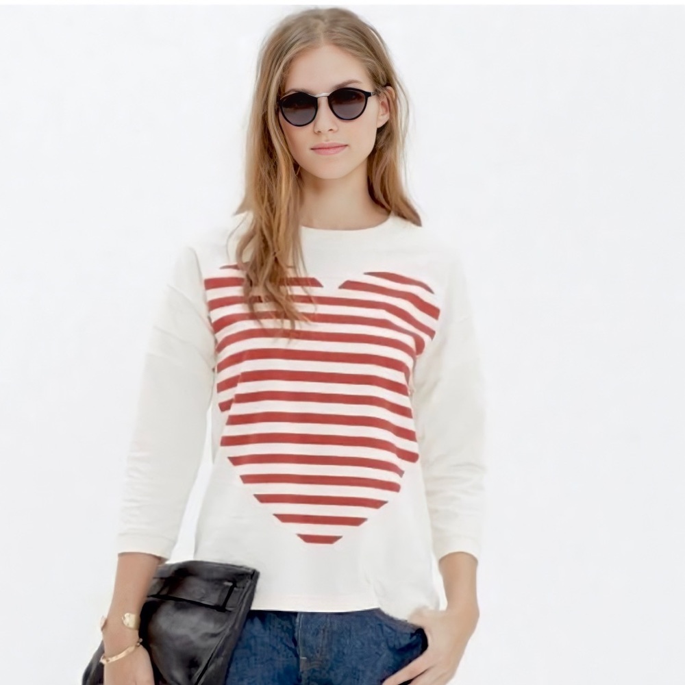 Madewell Heartbeat Tee Distressed Cream Red Stripe 3/4 Sleeve Vintage Style S
